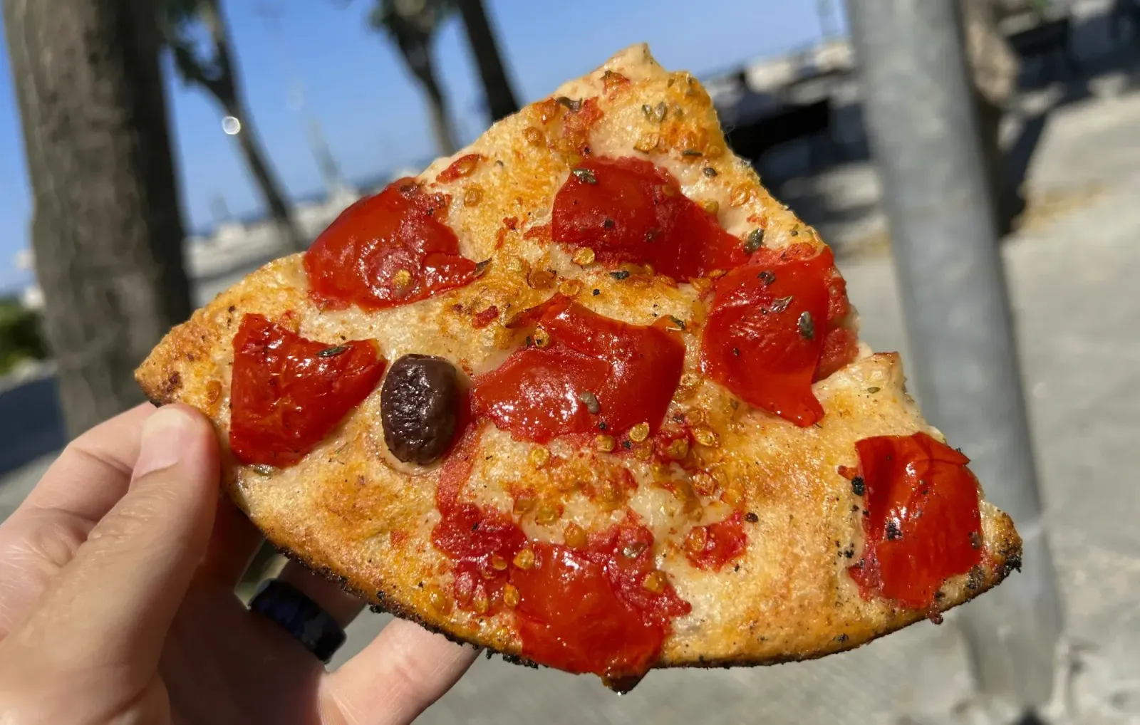 Focaccia by Mr. Wanderer Focaccia. Straight shot held in hand with Bari coastline in the background.
