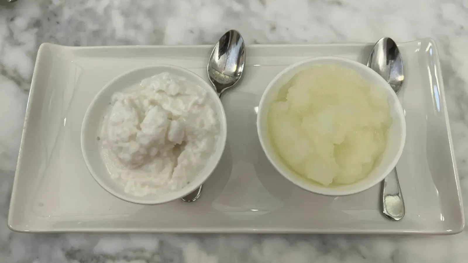 Granita by Mr. Wanderer Granita. Overhead shot of almond (left) and lemon (right).