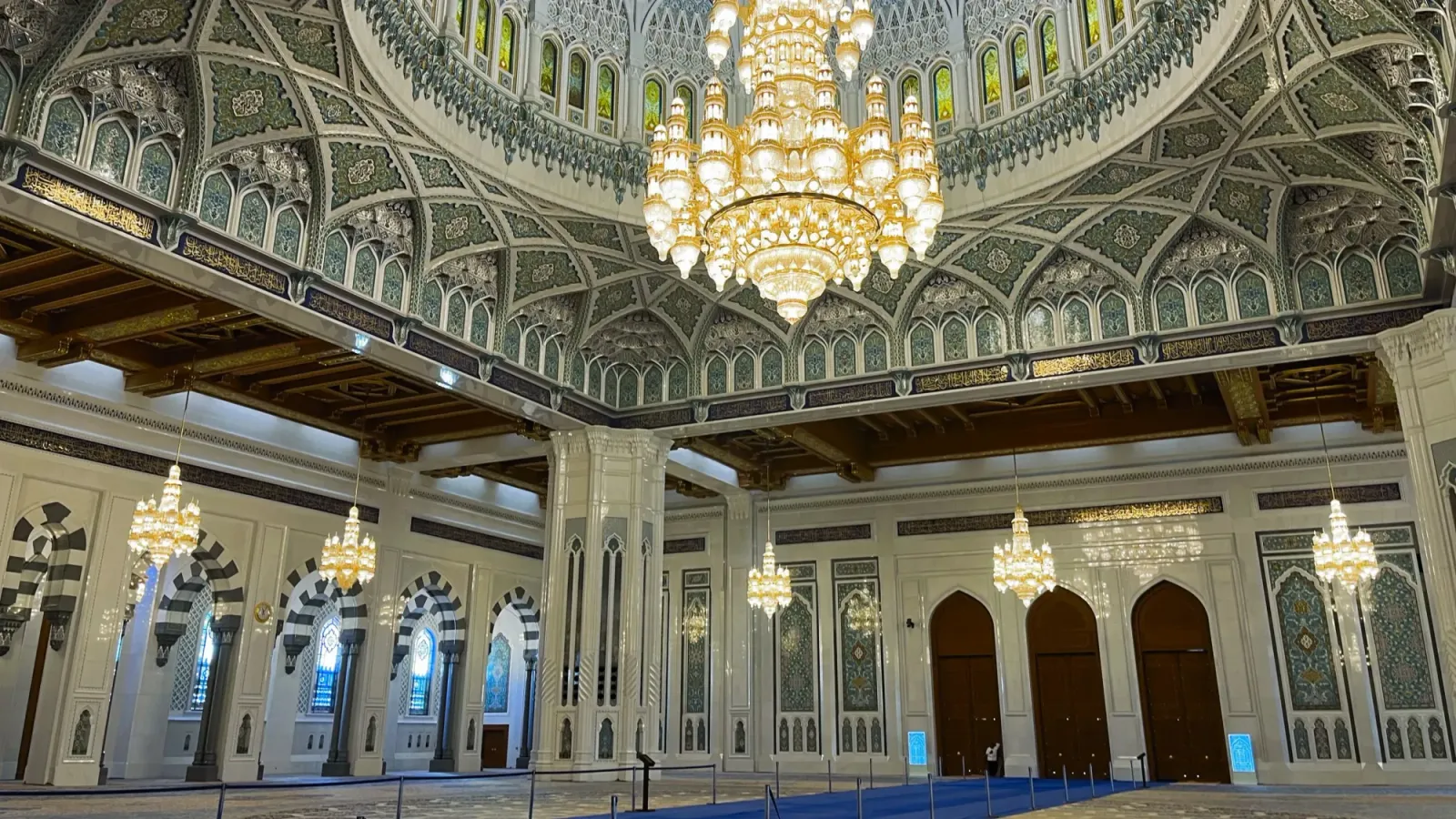 Sultan Qaboos Grand Mosque Interior by Mrs. Wanderer Blue, white, and green tiled interior of the Sultan Qaboos Grand Mosque