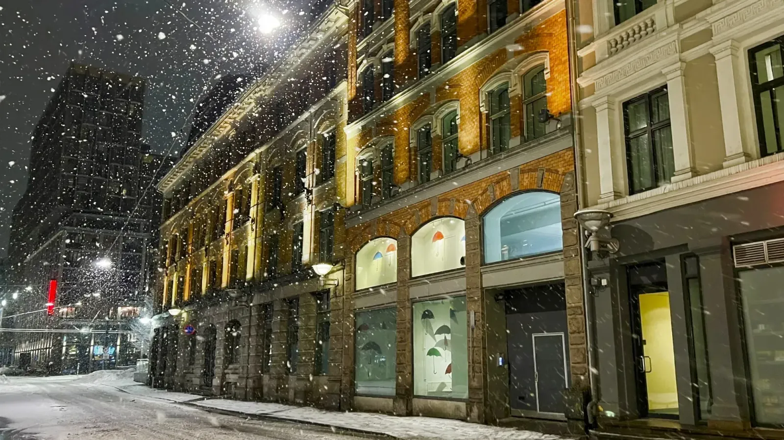 Oslo Streets by Mr. Wanderer Snow falling at night on an Oslo street