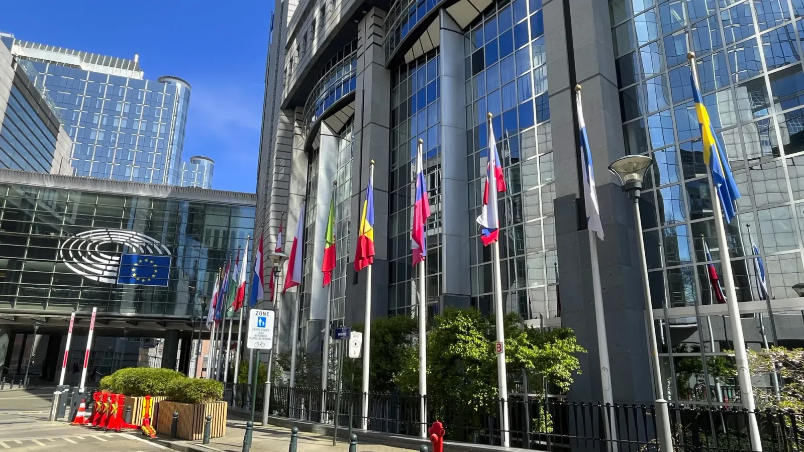 EU Parliament by Mrs.Wanderer Glass building with EU country flags in front
