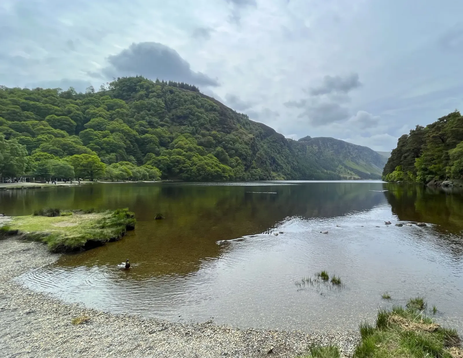 Glendalough by Mrs. Wanderer Stony beach on a reflective lake with lush mountains