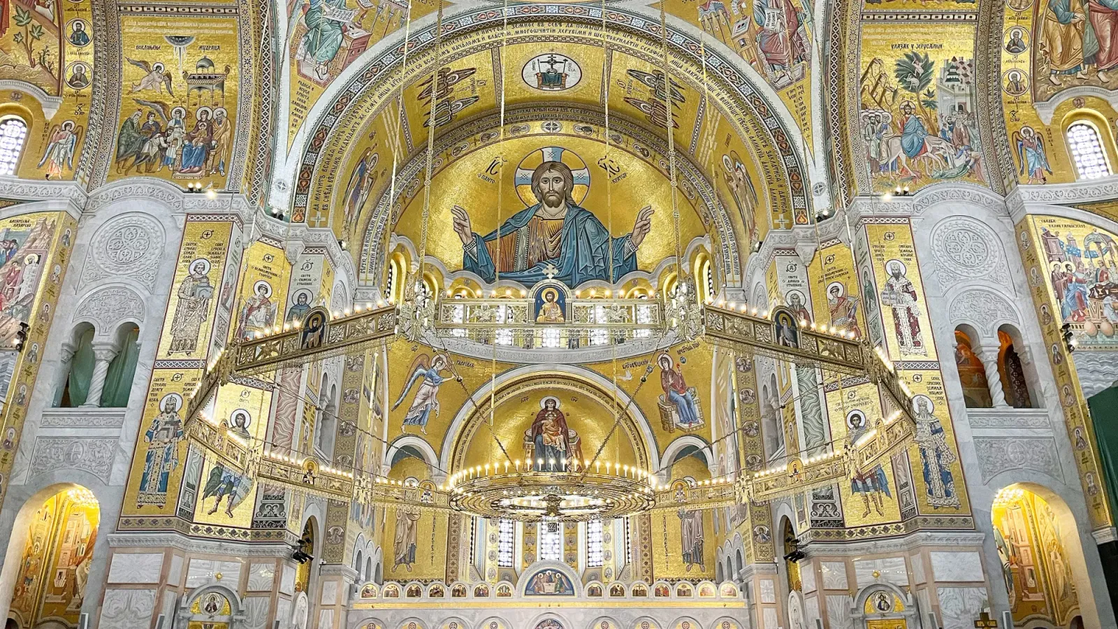Temple of Saint Sava by Mr. Wanderer Golden mosaic-ed church ceiling with orthodox imagery