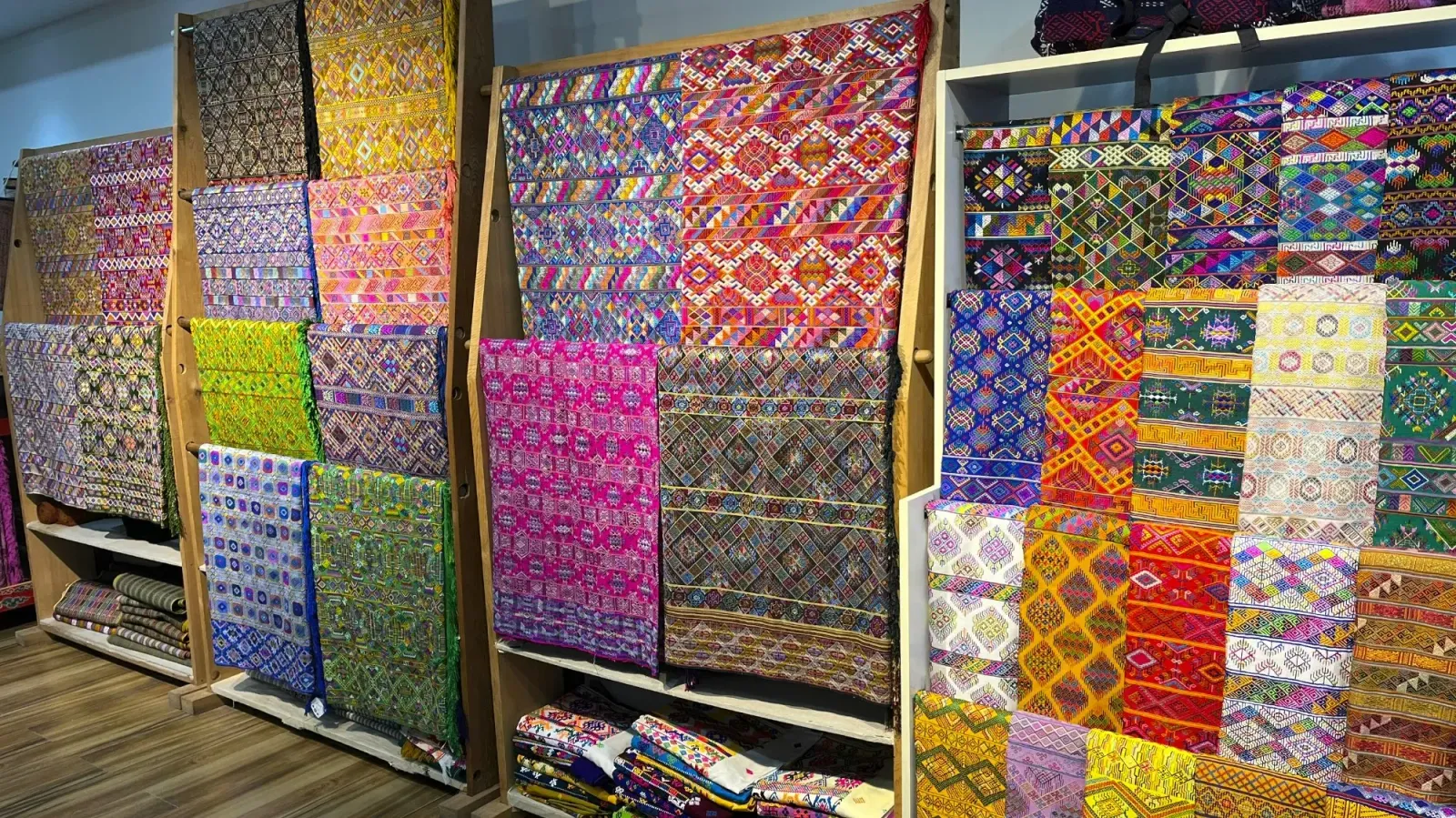 Handwoven Fabric Shop by Mrs. Wanderer Display of handwoven panels of fabric