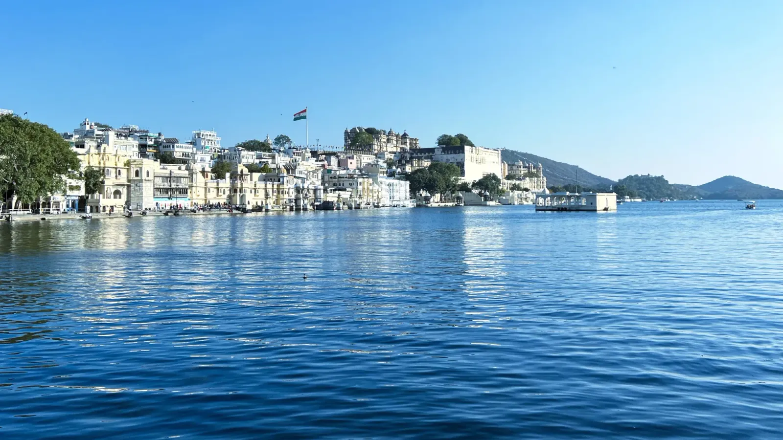 White city of Udaipur looked at across the blue of Lake Pichola